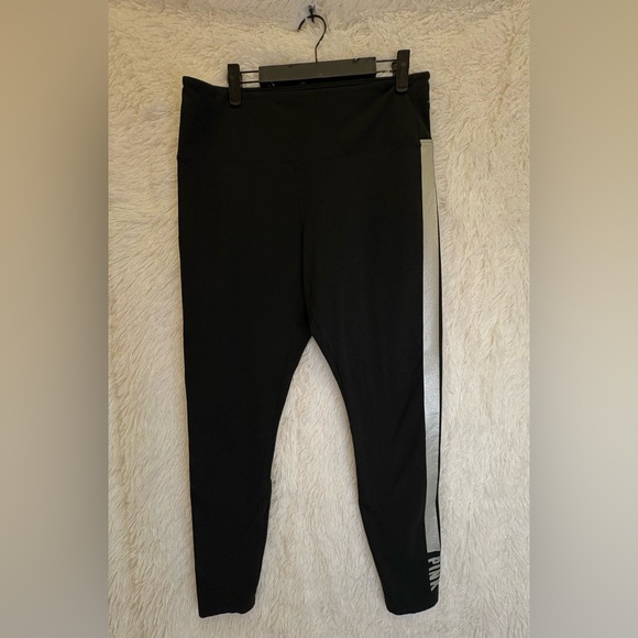 PINK Victoria's Secret Pants - PINK by Victoria’s Secret Black Leggings / Silver  Stripe Athletic– Size XL 🤍🩶🖤
